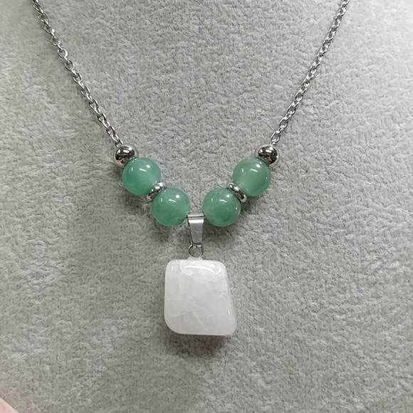 Quartz Crystal Aventurine Beaded Necklace Natural Gemstone Pendant Stainless 20" - Picture 13 of 15